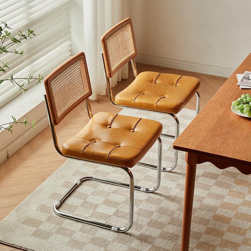 Rattan Dining Chairs Set of 2, Modern Dining Room Chairs with Solid Wood for Kitchen Living Room, Mid Century Comfy Dining Table Chairs, Upholstered Faux Leather Brown