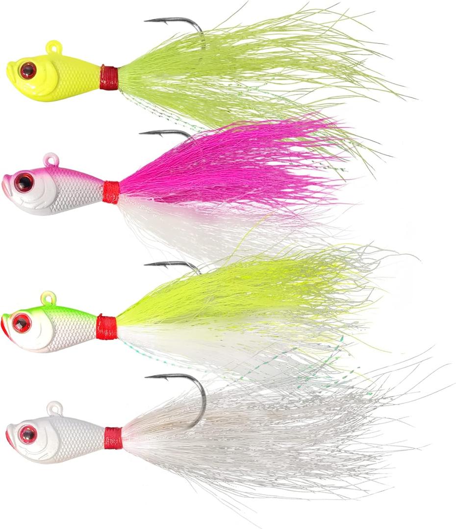 4pcs Fishing Bucktails Jig with Spin Saltwater Hair Jigs Wire Bait Keeper Surf Fishing Lures for Bass Fishing (3/4oz)