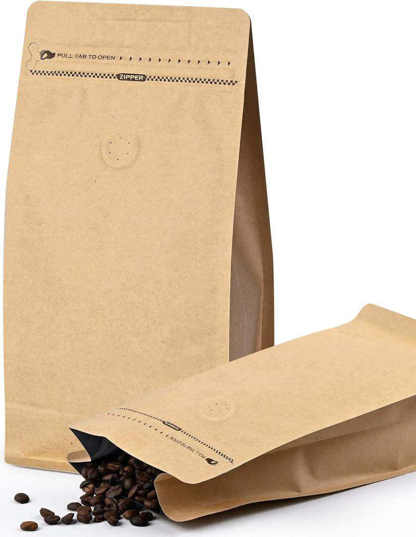FireKylin 50 PCS Coffee Bags with Valve, (8 oz, 0.5 lb) Kraft Paper Stand Up Pouches, Resealable Coffee Bean Bags, Vented Food Storage Bags Side Zipper(Kraft) (Brown)
