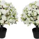 24" Artificial Potted Flowers for Outdoors, Silk Peony Faux Plants | Set of 2, UV Resistant, Realistic White Peonies, Weighted Cement Pots, Front Porch Decor