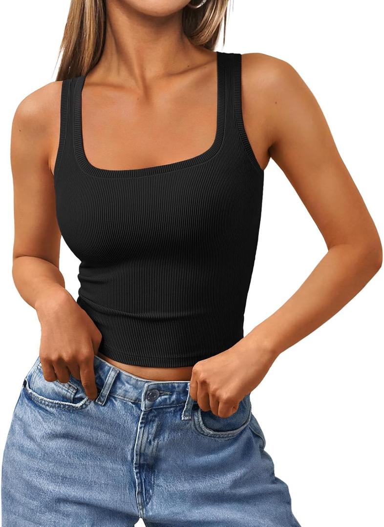 Trendy Queen Women's Summer Square Neck Tank Tops Workout Cropped Ribbed Summer Camisole Sleeveless Clothes 2025 (Black) S