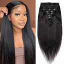 20inch Light Yaki Straight Clip ins, 120G Full Head Real 100% Human Hair Clips for Women Seamless Yaki Clip in Hair Extensions for Thin Hair Natural Black 8Pcs Hair Pieces with Secure Clips