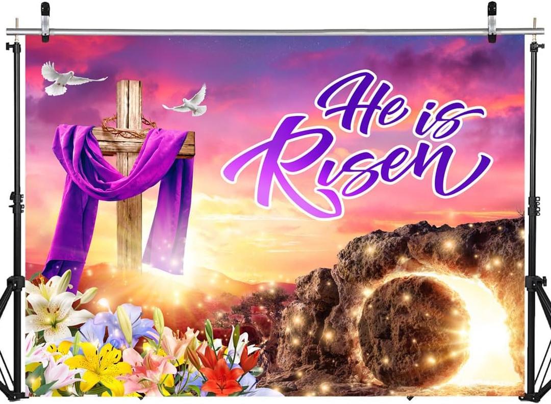 8X6FT Spring Easter Backdrop He is Risen Backdrop Photography Banner Background for Jesus Easter Spring Party Decorations DH-1108
