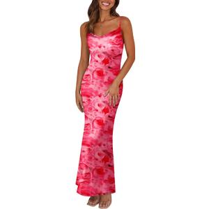 PRETTYGARDEN Women's 2026 Summer Floral Spaghetti Strap Maxi Dress Stretch Sexy Bodycon Dress Backless Slip Long Dresses (Pink, XXL)