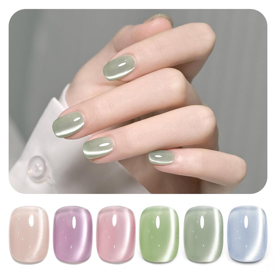 GAOY Cat Eye Gel Nail Polish Set with Magnet for Green Blue Pink Glitter Holographic Cat Eye, Salon Gel Manicure and Nail Art DIY at Home, Minty Fresh