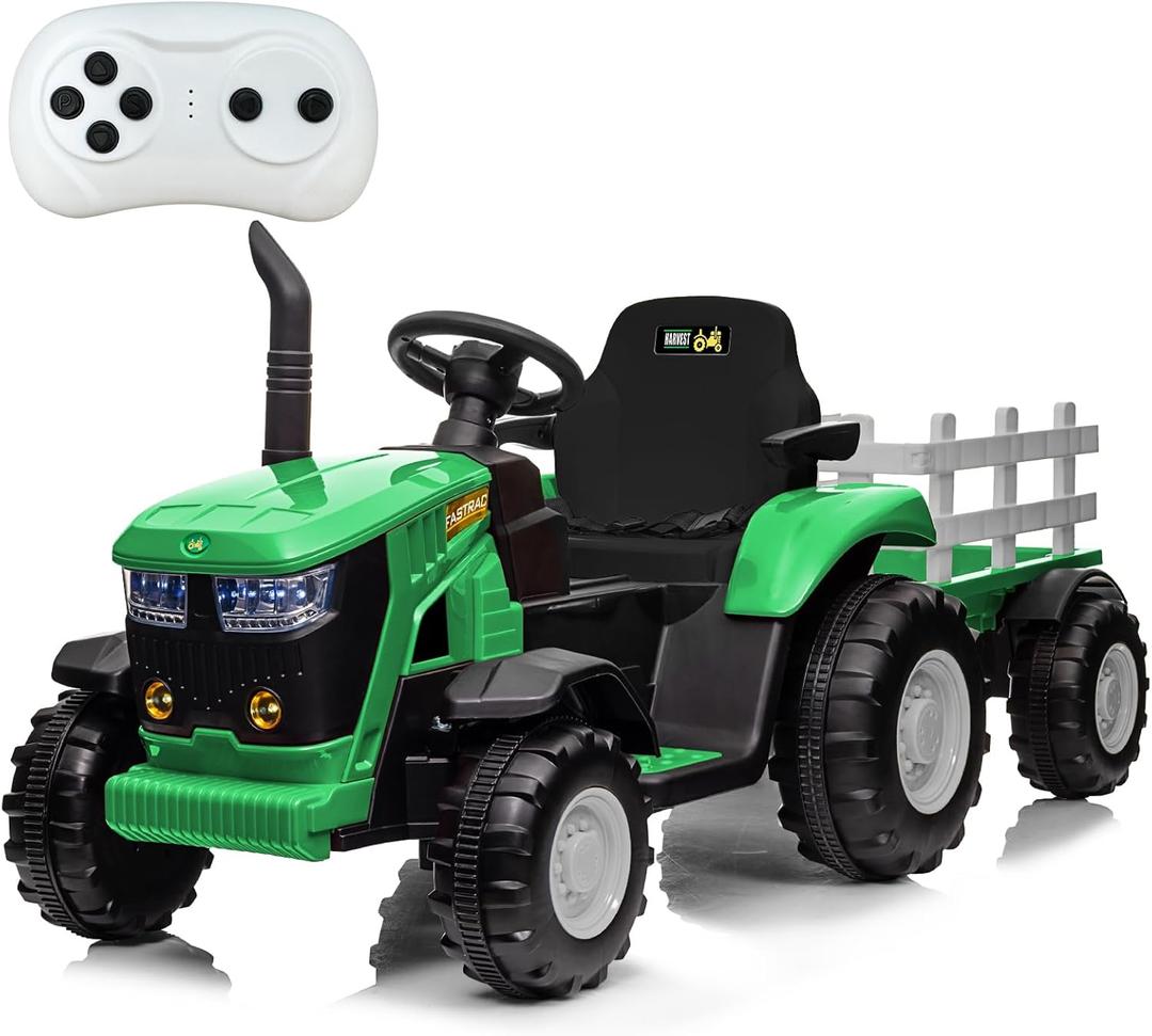Kids Ride on Tractor with Remote Control, 12V Battery Powered Electric Tractor and 35W Dual Motors for Kids Bluetooth Music/USB, 3-Gear-Shift, Safety Belt, 7-LED Lights, Green (Normal)