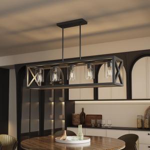 Farmhouse Dining Room Light Fixture - 5 Light Matte Black Rectangle Light Fixture with Adjustable Height & Thickened Metal Dining Table Fixture Chandeliers for Dining Room&Kitchen Island