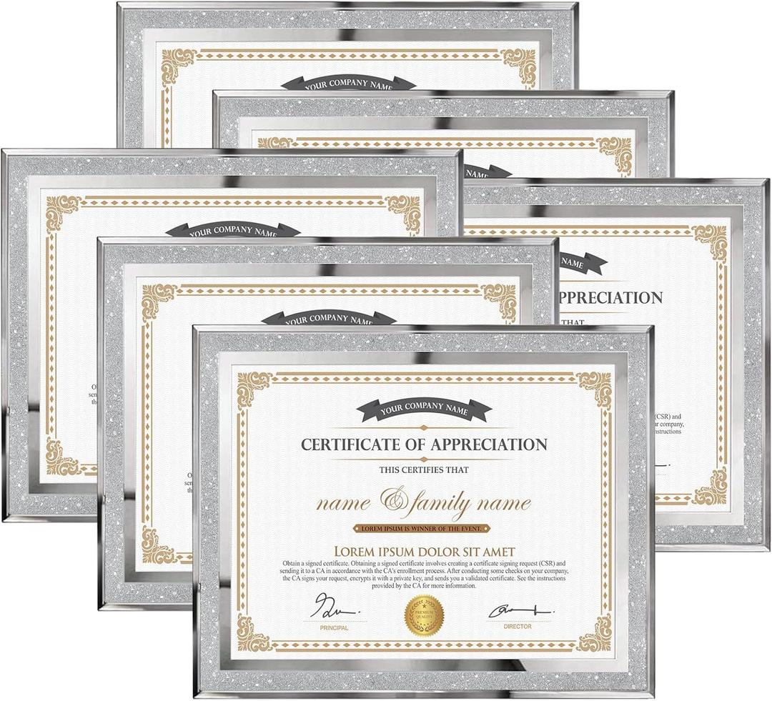 Hoikwo 8.5x11 Picture Frames, 6 Packs Silver Glass Certificate Frames for Document Diploma Award, Bling Picture Frames Only for Tabletop Display Vertically or Horizontally
