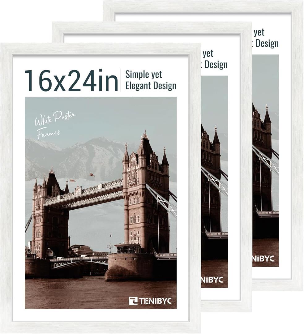 16x24 Poster Frame 3 Pack - White, Textured Solid Wood Picture Frame, Wall Gallery Photo Frame