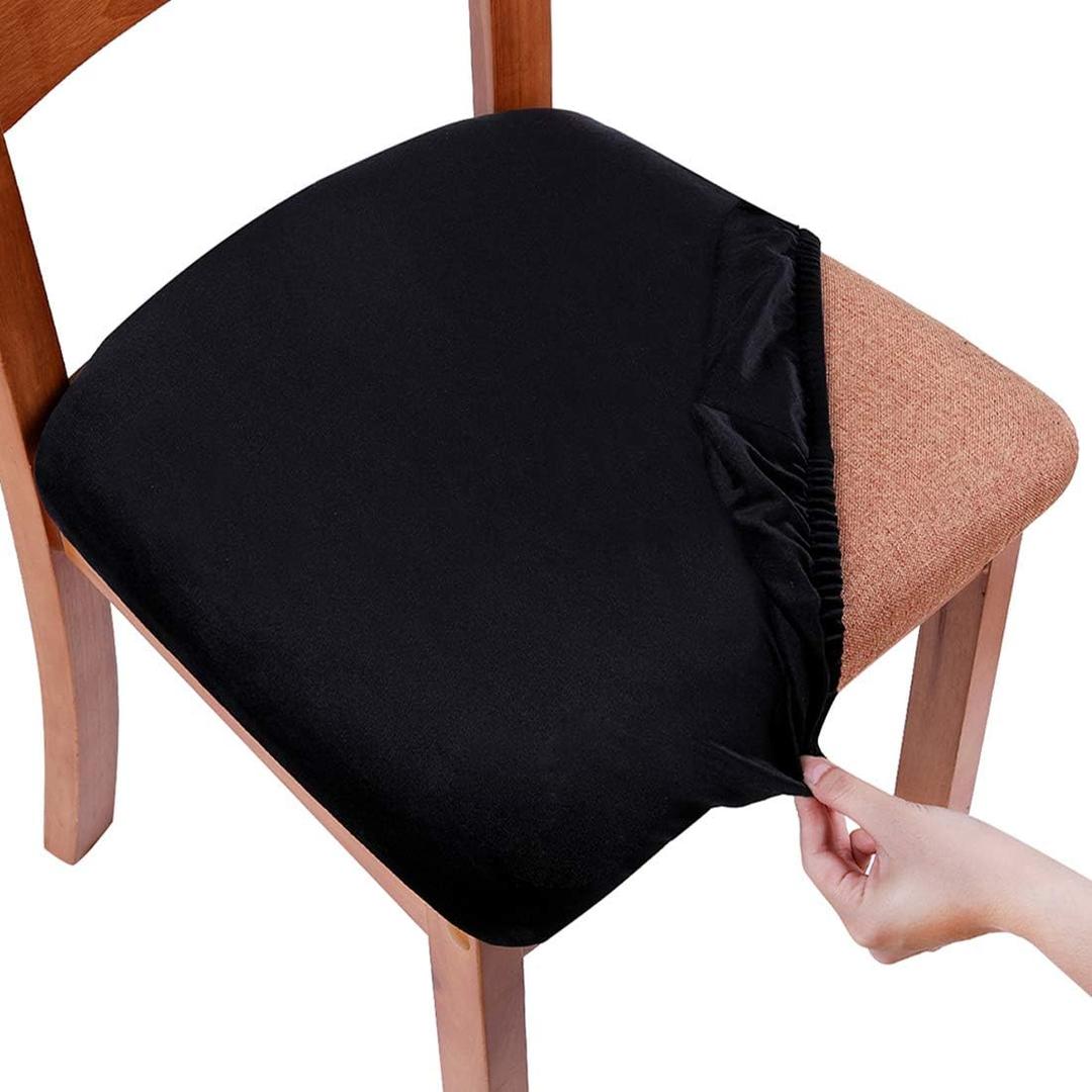 Smiry Velvet Seat Covers for Dining Room Chair Set of 4, Stretch Fit Removable Washable Chair Seat Cushion Protector Slipcovers with Ties, Black