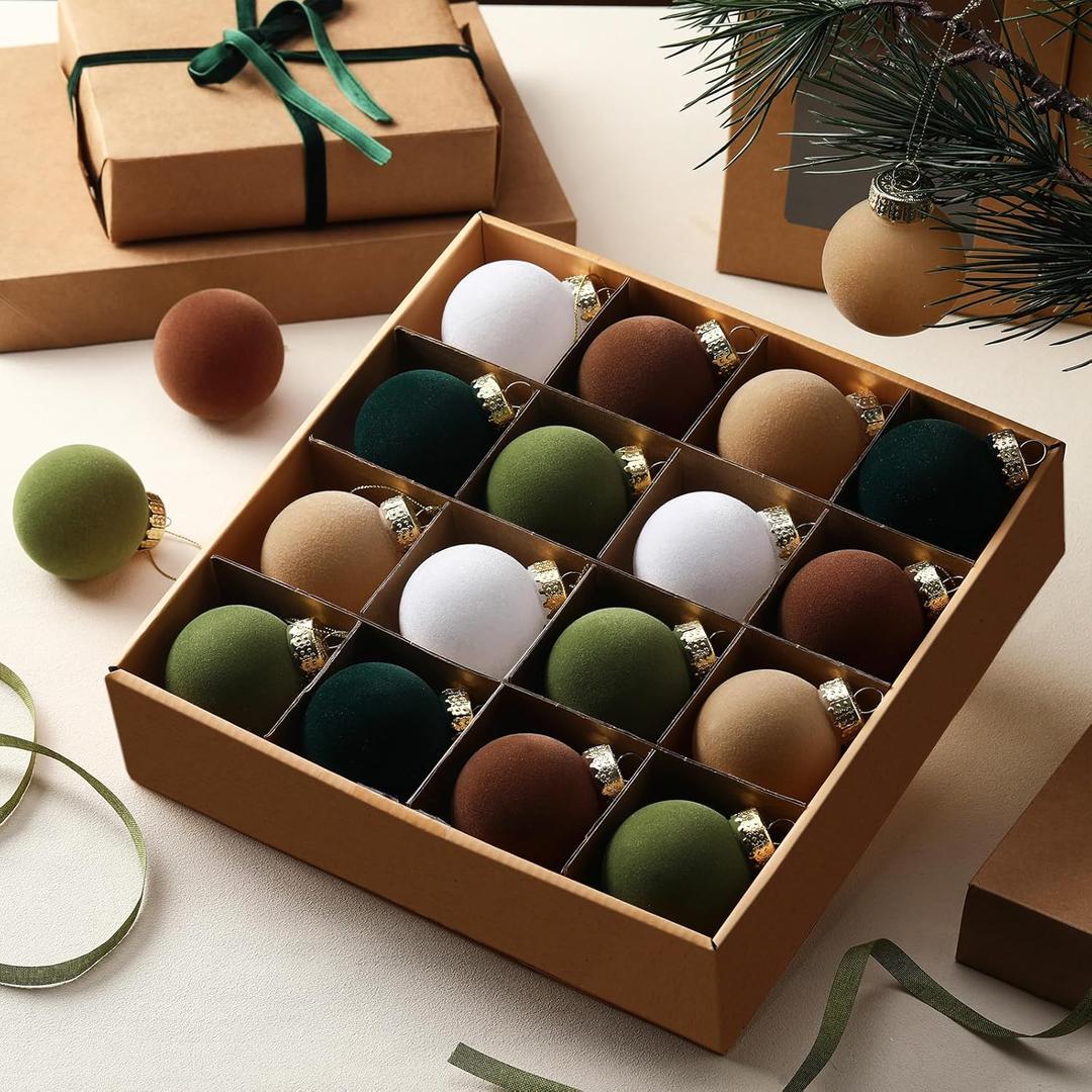 24 Pcs Velvet Christmas Ornaments 2.36 Inch Neutral Shatterproof Plastic Velvet Balls Flocked Ornaments for Christmas Tree Hanging Decorations(Dark Green, Sage Green, Beige, White, Brown)