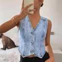 ELLEVEN Women’s Denim Vest V-Neck Crop Jean Vest Top Sleeveless Y2K Button Denim Jacket Summer Country Outfits (Blue, S)