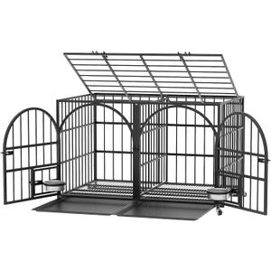 Dosker 42 inch Heavy Duty Metal Dog Crate Cage with Divider for 2 Dogs/Large Dog,All Metal Open Top Escape Proof Cage,Dog Kennel Indoor with Wheels,Floor Grid,Tray,Feeding Bowl