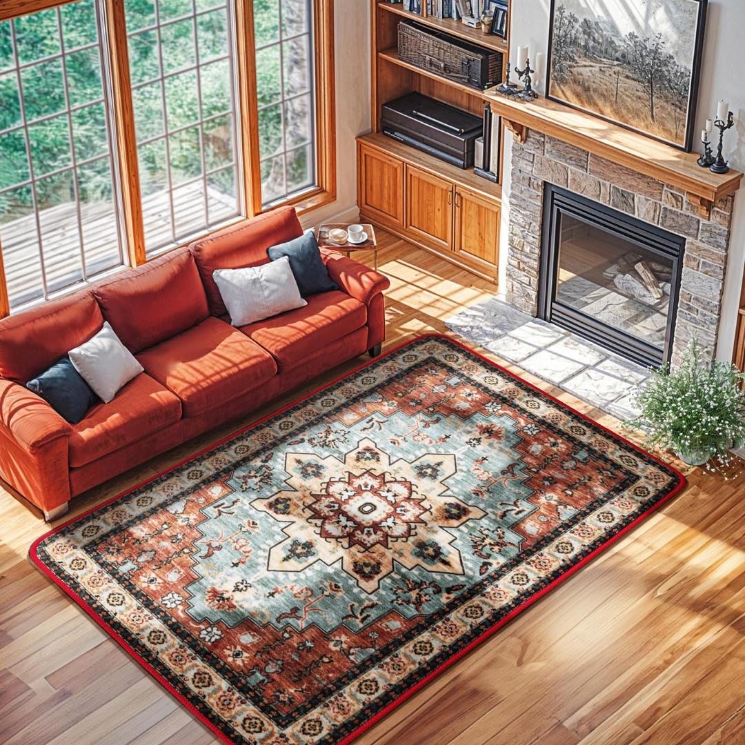 LBRO2M Boho Area Rug 6X9 Washable Rugs for Bedroom Low Piles Indoor Carpet, Non Slip Soft Rug for Living Room, Dining Room, Red Rug Foldable Pet Friendly Area Rugs Stain Resistant (6'X9' Red)