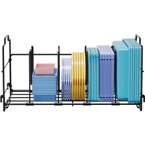 Food Container Lid Organizer, Large Capacity Adjustable 4 Dividers Detachable Lid Organizer Rack for Kitchen Cabinets, Drawers, Plastic Lid Organizer For Pantry Shelves, Cupboards, Black (1-Tier)