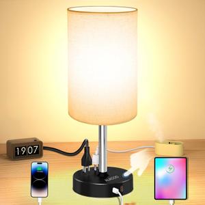 Small Bedside Table Lamp for Bedroom - 3 Way Dimmable Touch Lamp with USB Charging Station and AC Outlet, Wood Base & Fabric Linen Lampshade for Office, Living Room, Dorm, Black-Flaxen, (LED Included) Small Bedside Table Lamp for Bedroom - 3 Way Dimmable Touch Lamp with USB Charging Station and AC Outlet, Wood Base & Fabric Linen Lampshade for Office, Living Room, Dorm, Black-Flaxen, (LED Included)