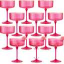 12 PCS Ribbed Coupe Glasses Hot Pink Plastic Champagne Coupe Cup 10oz Detachable Gold Rim Espresso Martini Glass Vintage Margarita Glassware Cocktail Glass Set for Valentine's Day Bachelorette Party