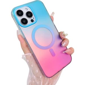 Aesthetic Case for iPhone 14 Pro Max Case for Women Girls, Compatible with Magsafe, Cute Girly Trendy Glitter Sparkly Rainbow Magnetic Protective Phone Cover, Matte Iridescent Blue & Pink