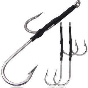 Double Hook Rigs for Trolling Chunking, 3pcs Double Trolling Hooks Saltwater Big Game Stainless Steel Fishing Hooks for Marlin Shark Tuna Wahoo Dorado Fishing (9/0-3pcs)