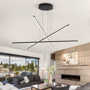 Modern LED Chandelier Black Linear 3-Light Chandeliers Contemporary Led Pendant Light Fixture Dimmable for Dining Room Foyer Office Color Changeable