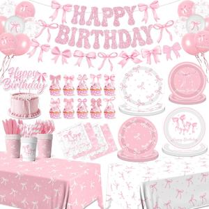 Pink Bow Birthday Party Supplies Serve 24, Coquette Birthday Decorations Include Bow Plates Napkins Cups Banner Tablecloth Cake Topper Balloons Bow Theme Tableware for Girls Bachelorette Decor