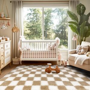 Soft Rugs for Living Room, 4x6 Ft Beige and White Checkered Fluffy Shaggy Rugs for Indoor Use, High Pile Ultra Fuzzy Rug for Bedroom Kids Nursery Rooms,Home Decor Aesthetic