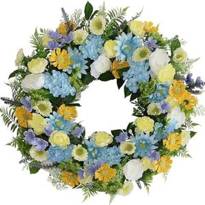 BINFEN Faux Silk Flower Spring Summer Easter Wreath 24-26" for Front Door – White Ranunculus Yellow Daisy Blue Hydrangea Green Eucalyptus Leaves – Farmhouse Front Porch Wreath, Outdoor Indoor Use