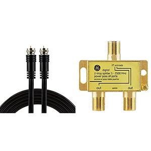 GE RG6 Coaxial Cable, 15 Ft. F-Type Connectors, Black, 33627 & Cable Splitter, 2.5 GHz 5-2500 MHz, RG6 Compatible, Works with HD TV, Satellite, High Speed Internet