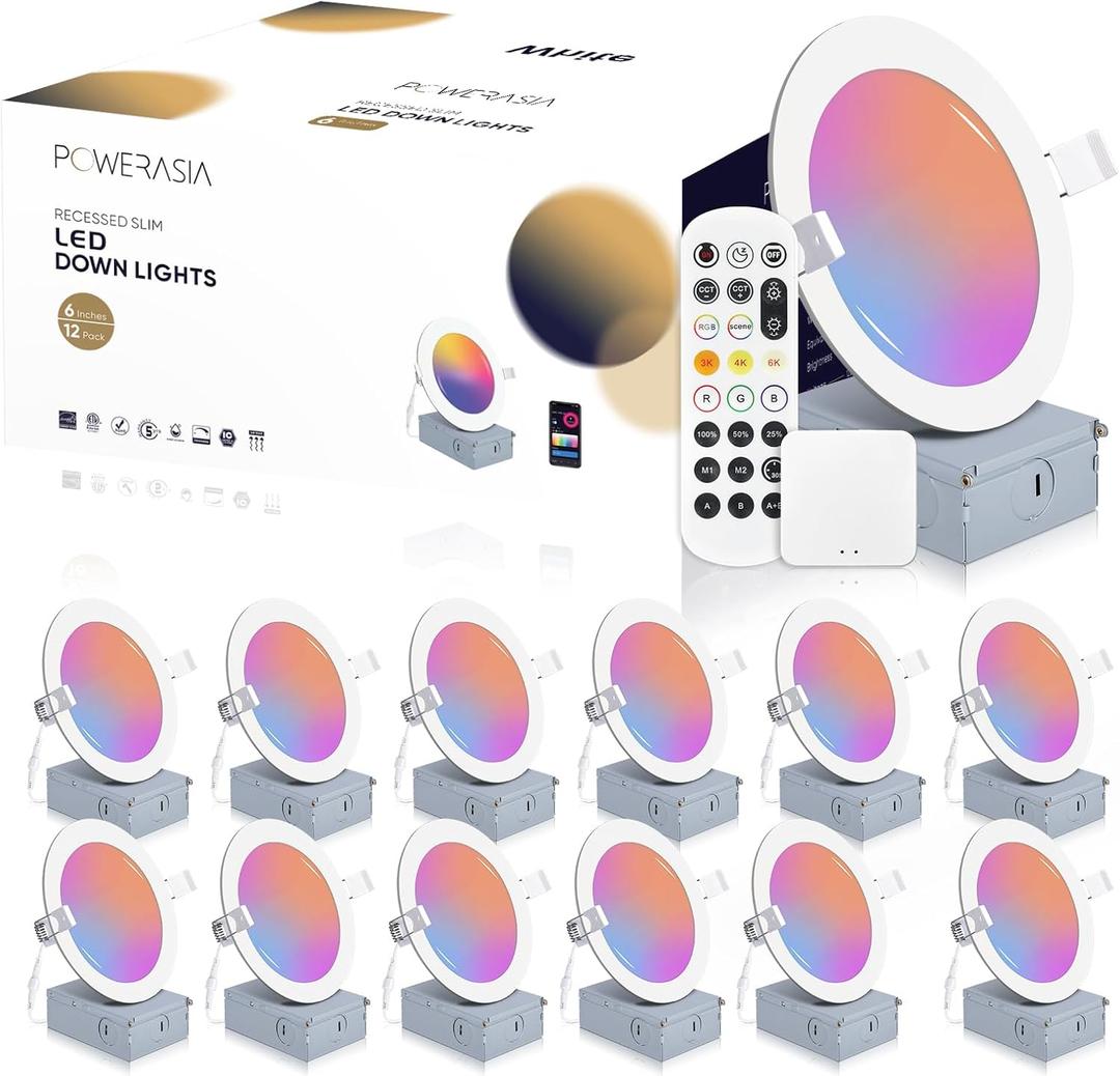 POWERASIA 12 Pack Smart Recessed Lighting 6 Inch, Ultra-Thin LED Recessed Lighting 12W 1200LM Smart Downlight with Junction Box, Compatible with Alexa/Google Assistant - ETL and Energy Star Certified