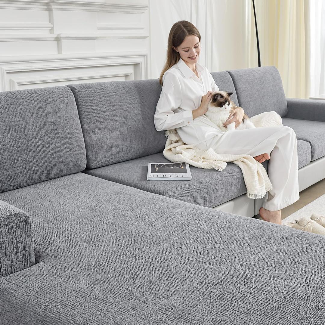 Couch Cushion Covers Sectional Couch Covers Stretch Washable Soft Seat Cushion Covers Furniture Protector Sofa Slipcovers for Pets(Light Grey,1 Piece Seat Cover or Back Covers)