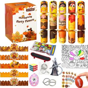 10Pack 10" Thanksgiving Non-Snap Party Favors - Turkey Design With Thanksgiving Hat, Joke and Gift For Adults