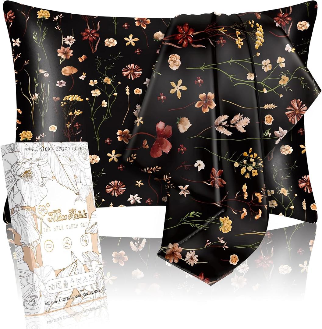 2 Pack Mulberry Silk Pillowcase for Hair and Skin - Standard Size 20 x 26 Inches with Hidden Zipper BK Grow Flower 19 Momme Soft Sleeping Silk Pillow Case for Women, Moms