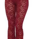Lace Flare Pants for Women - Sexy See Through Mid-Waist Bell Bottom Leggings Trousers Party Clubwear Wine Red S