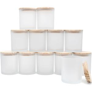 14 OZ Thick Candle Jars for Making Candles 12 Pcs, 3 Wick Empty Jars with Wood Lids for Candle Making, Sample Container,Frosted White