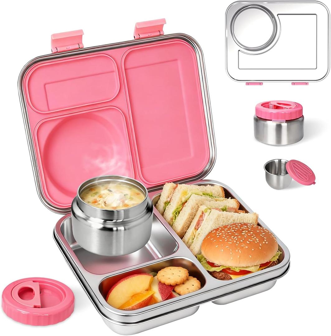 Stainless Steel Bento Lunch Box-7+ Older KidsTeens Adult with Insulated Food Jar,Leakproof 3-Compartment,BPA-Free, Eco-Friendly,Dishwasher Safe, Large-Capacity Box, School,Office,Travel Pink