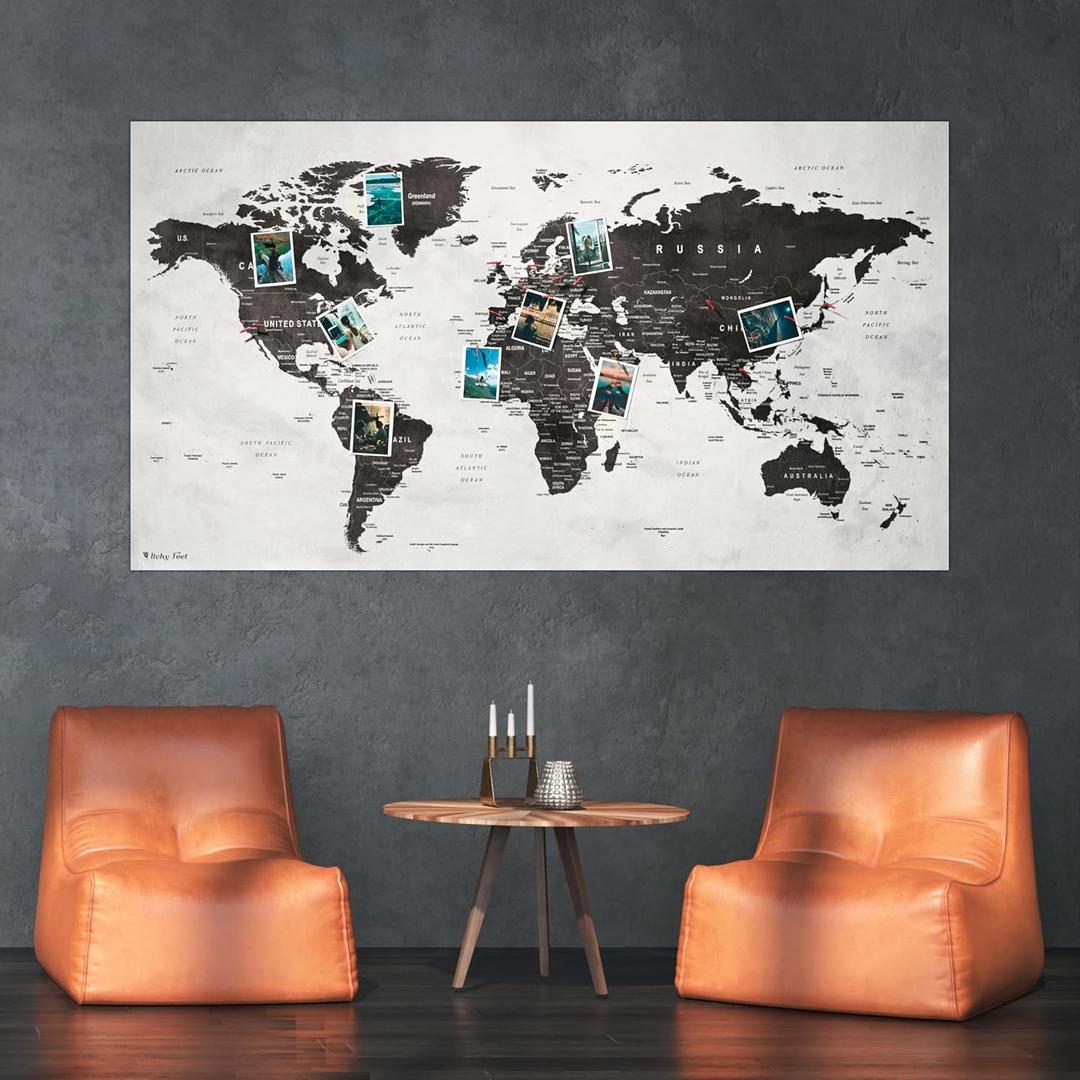 XXL World Map 51 x 28 inches in 'Residual Gray', Fleece Wall Hanging as Travel Pin Board in Modern Wall Art Design, 20 Flag Push Pins Included