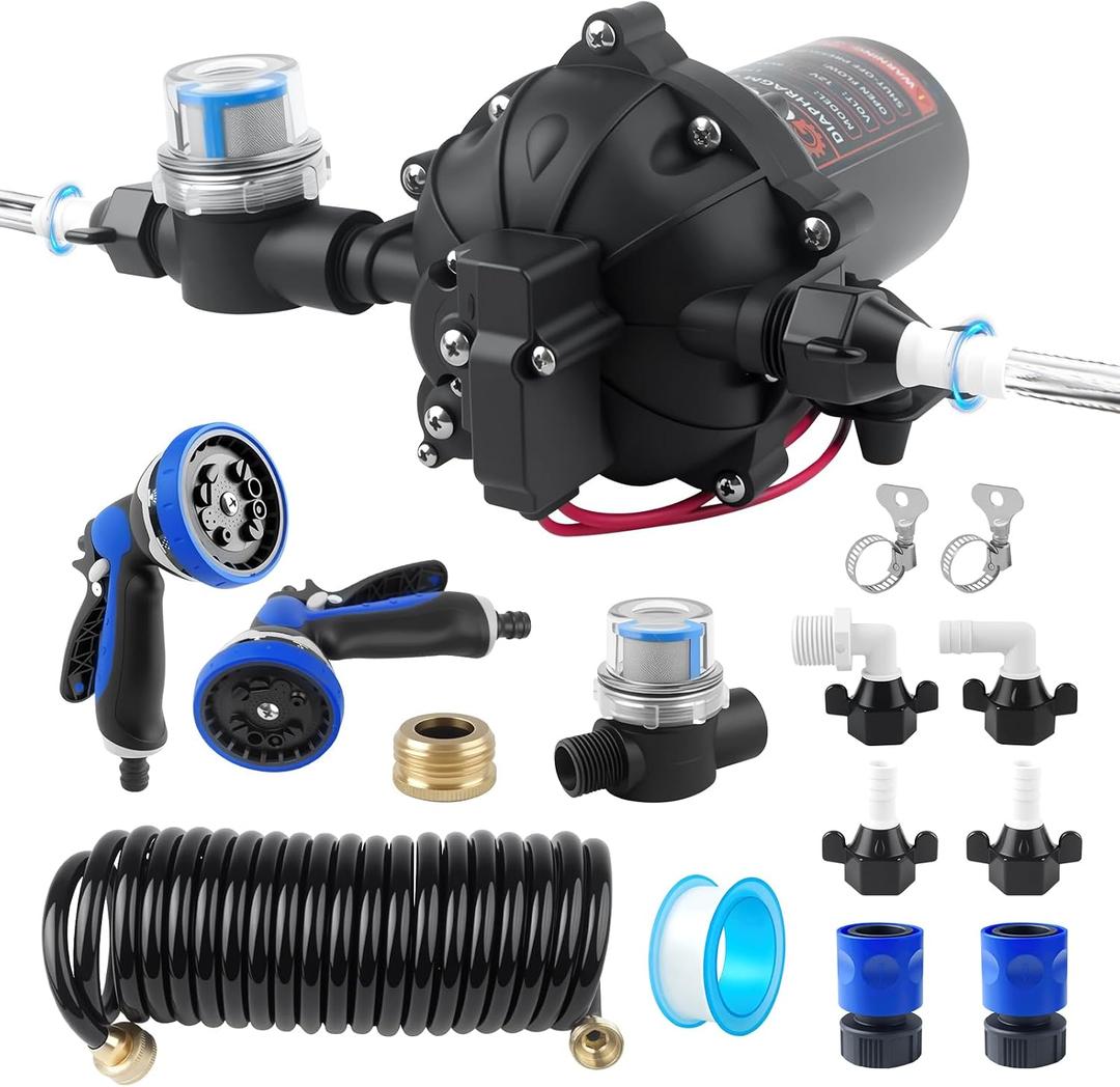12V DC Washdown Pump Kit with 80 PSI 7.5 GPM, 5-Chamber Self Priming Diaphragm Washdown Pump, High Performance Water Pump for RV,Boats,Campers,Travel Trailer,Yacht(Kit-2 Multi-Function Water Guns)