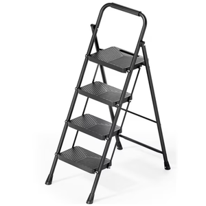 BEHERZT 4 Step Ladder, Sturdy Portable Metal Ladder for Home, 500lbs Capacity Folding Step Stool with Wide Pedal for Adults, Black