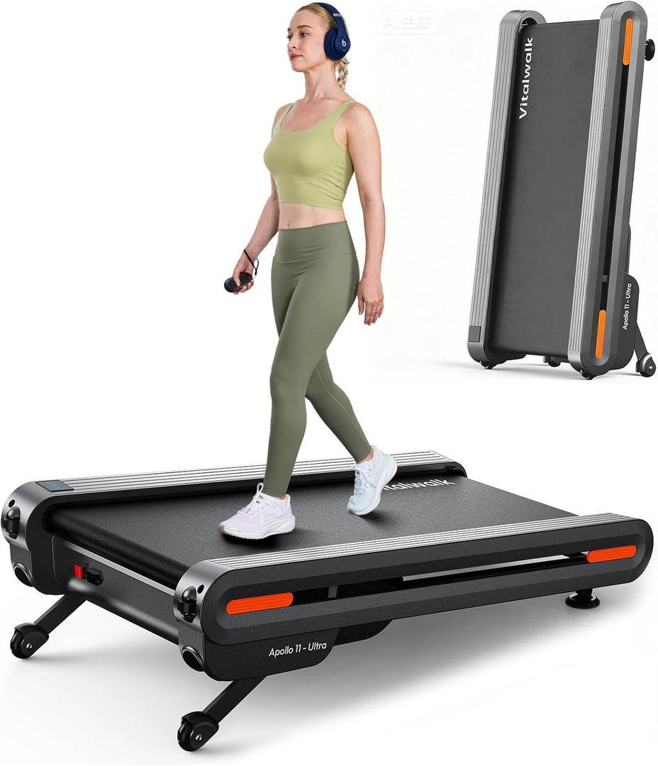 Walking Pad Treadmill with Incline, Full Deck, Auto Incline 12%-20%, 400/350lbs Capacity, Vitalwalk Compact Under Desk Treadmills for Home Office, 3.0HP Brushless, Vertical Store (Black-Apollo 11 Ultra)
