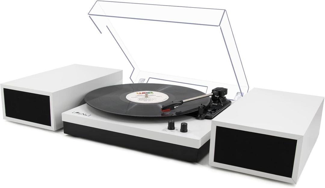 LP&No.1 Modern Turntable Record Player Bundle with Dual Powered Bookshelf Speaker Pair, Built-in, Phono Preamp, Belt Drive, 3-Speed, Wireless Input, Wireless Music Streaming (MWL White Color)