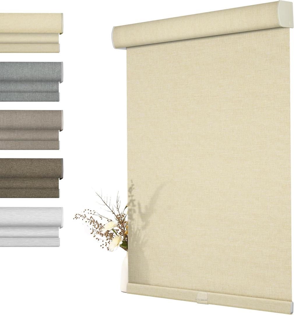 BERISSA Light Filtering Roller Shades for Windows,Cordless Roller Window Shades with Cassette Valance,Linen Roller Blinds,Thermal Insulation Window Shades for Home Door Office. Beige