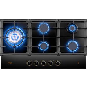 FOTILE GLG36501 36 Black Tempered Glass 5-Burner Gas Cooktop, Tri-Ring 18,000 BTUs Left Burner with Flame Failure Protection Removable Grates and Installation/LP Kit