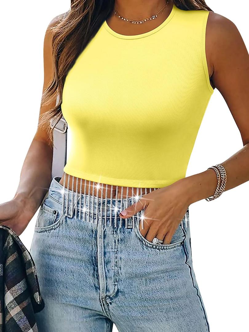 Nlife Womens Nashville Sparkly Fringe Sleeveless Tops Concert Raceback Ribbed Tank Tops with Glitter Tassel (Yellow, S)