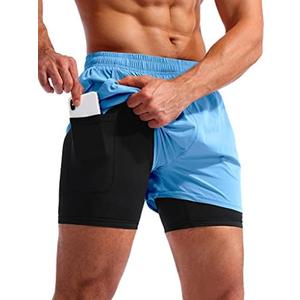 Pudolla Men’s 2 in 1 Running Shorts 5" Quick Dry Gym Athletic Workout Shorts for Men with Phone Pockets Medium