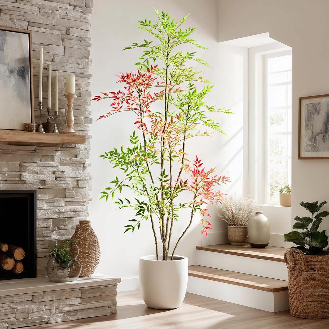 Tall Fake Bamboo Tree Large Artificial Nandina Trees Indoor Outdoor Realistic Floor Plant Faux Plastic Plants Flowers for House Home Living Room Bedroom Office Front Porch Modern Farmhouse Decor (6ft 7in, Multicolor)