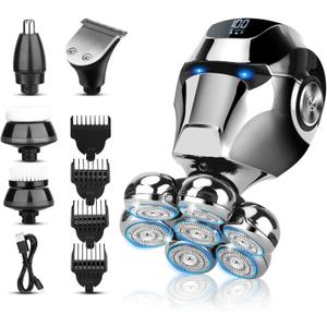 Electric Shaver for Bald Men, 6 in 1 Floating Head Razor with Nose Hair, Sideburns Trimmer, Face Brush, Upgrade 7D Electric Razor for Men with Type-C Charger, LED Display & Waterproof (Sliver)