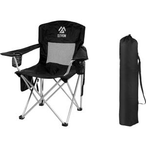 Camp Chairs Outdoor, Folding Chair Camping Recliner Support Mesh Backrest, Lawn Chair with Cup Holder, Storage Pocket, Carrying Bag, Black (Camping Chair)
