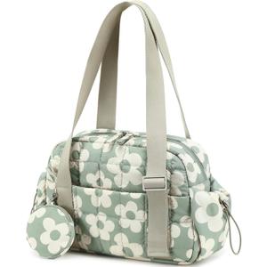 CAMTOP Mini Gym Bag for Women, Small Gym Tote Bag Puffy Quilted Sports Duffel Bag with Wet Compartment and Coin Purse Duffel Bags Dance Yoga Workout Bag for Gifts (Mini-12.6", Green Flower)