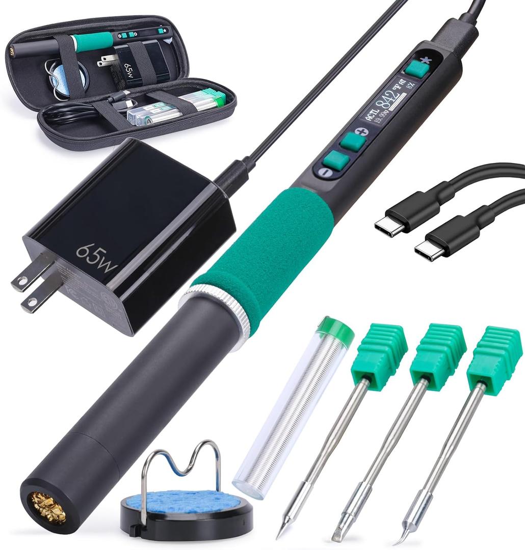 YIHUA 928D-IV Soldering Iron Pen Kit DC 65W Support PD QC, Type C Portable Soldering Station with 3 Tips, Solder Wire, Protective Cap