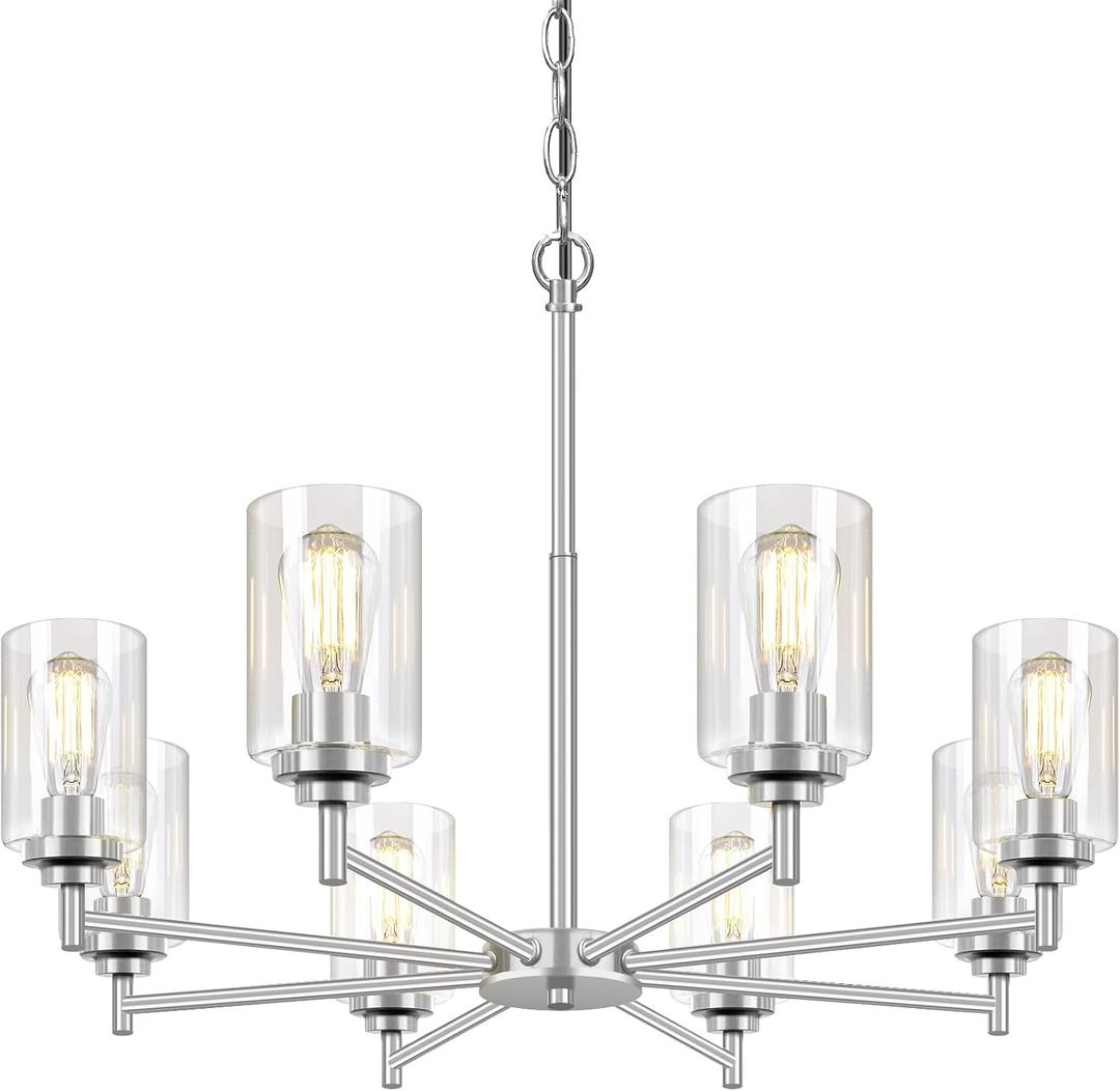 33.5'' 8-Light Chandelier for Dining Room Kitchen Island, Modern Farmhouse Pendant Lighting with Glass Shades Industrial Brushed Nickel Hanging Ceiling Light Fixture for Living Room, Height Adjustable